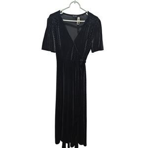 Simplee Black Pleated Velvet Wrap Maxi Dress Size L Short Sleeve Holiday Party